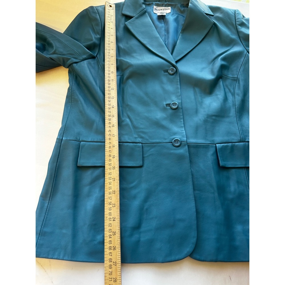 Pendleton Womens Teal Blue Leather Blazer Jacket Size L 3-Button Lined Coat